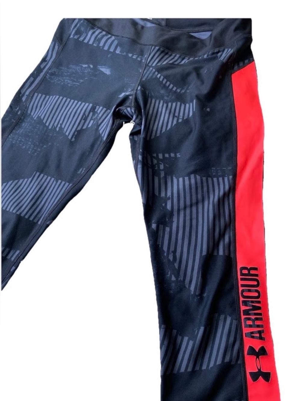 Under Armour Cropped Black Leggings, Coral Logo Stripe. Grey pattern, XL, EUC - Picture 2 of 8
